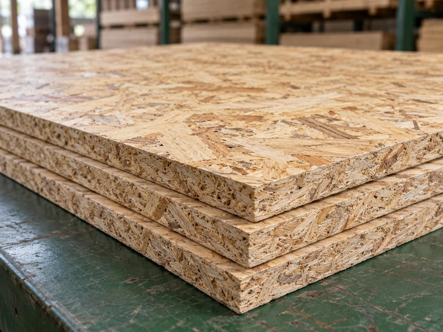 OSB levhanın sıkıştırılmış odun yongası yüzeyi ve panel kenarı yakın planı